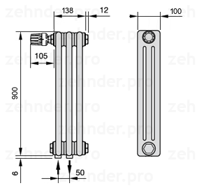 Схема (чертеж) Радиатор Zehnder Charleston 3090/3 №V007 Белый глянцевый RAL 9016